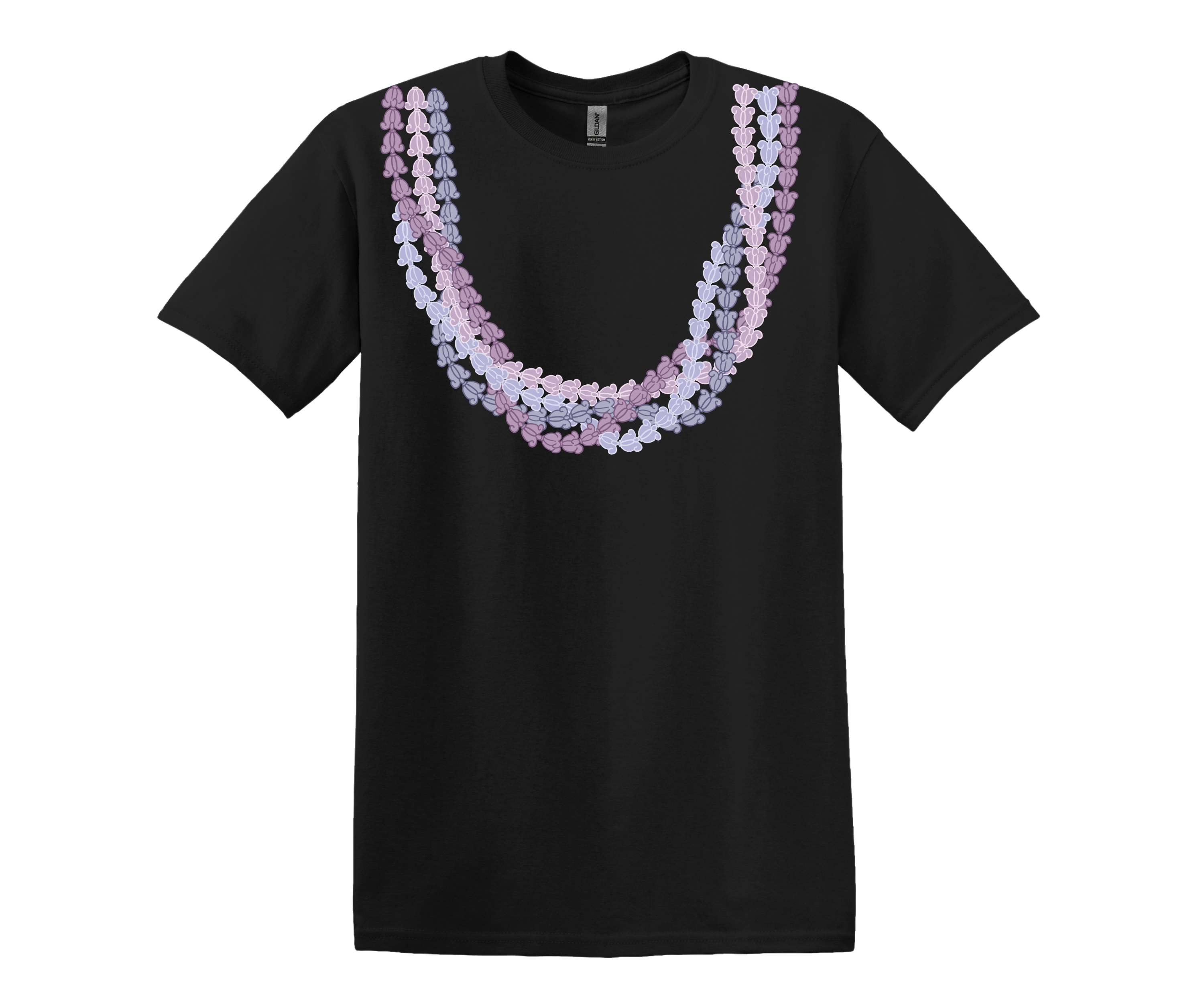 Black t-shirt with purple pua kalaunu lei design.
