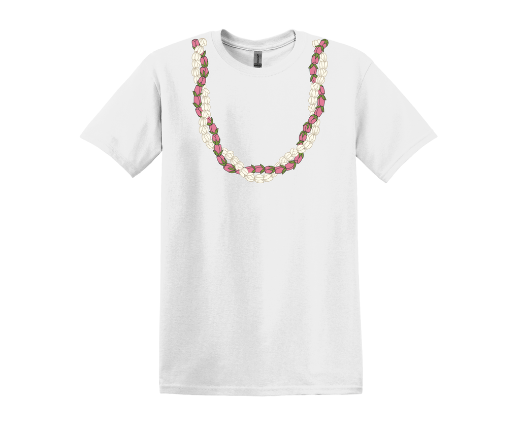 White t-shirt with a Roselani & Pikake flower lei.