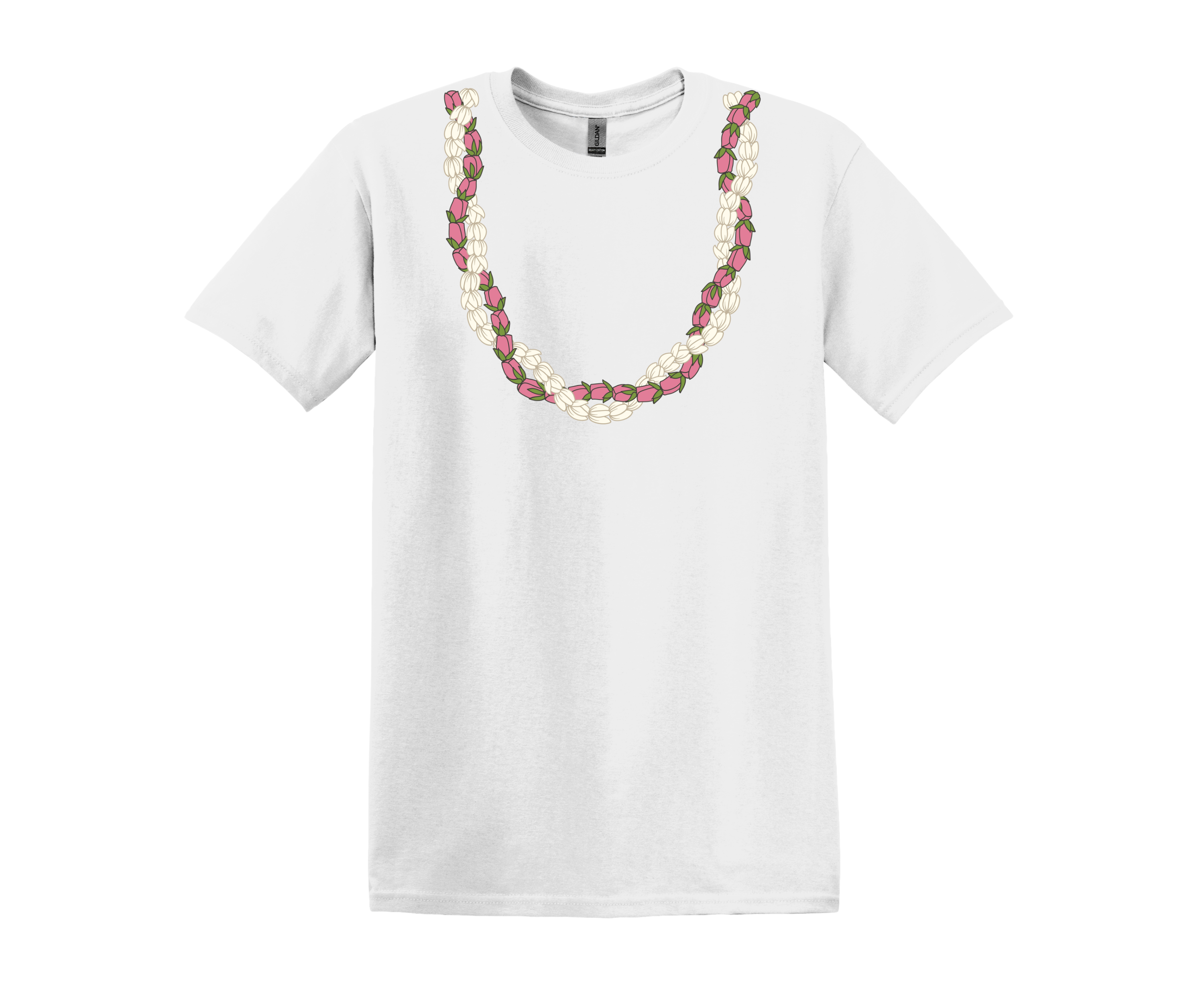 White t-shirt with a Roselani & Pikake flower lei.